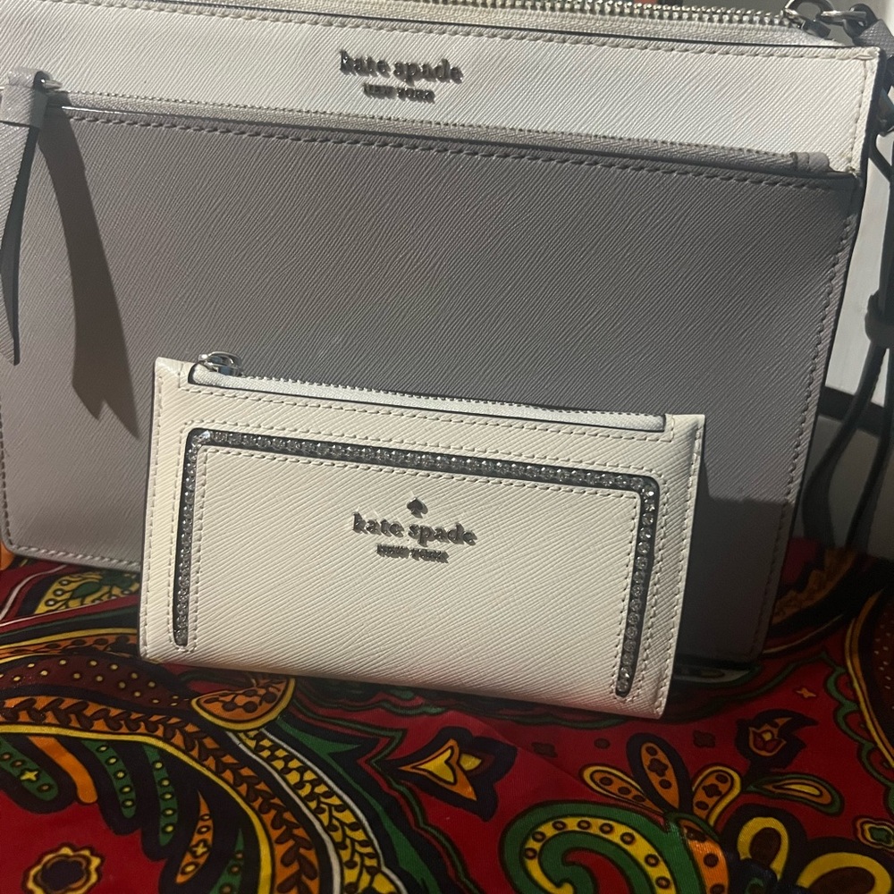 Kate Spade New York Two-Tone White & Light Gray Crossbody Bag with Wallet